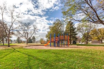 A playground with a slide and a green lawn.